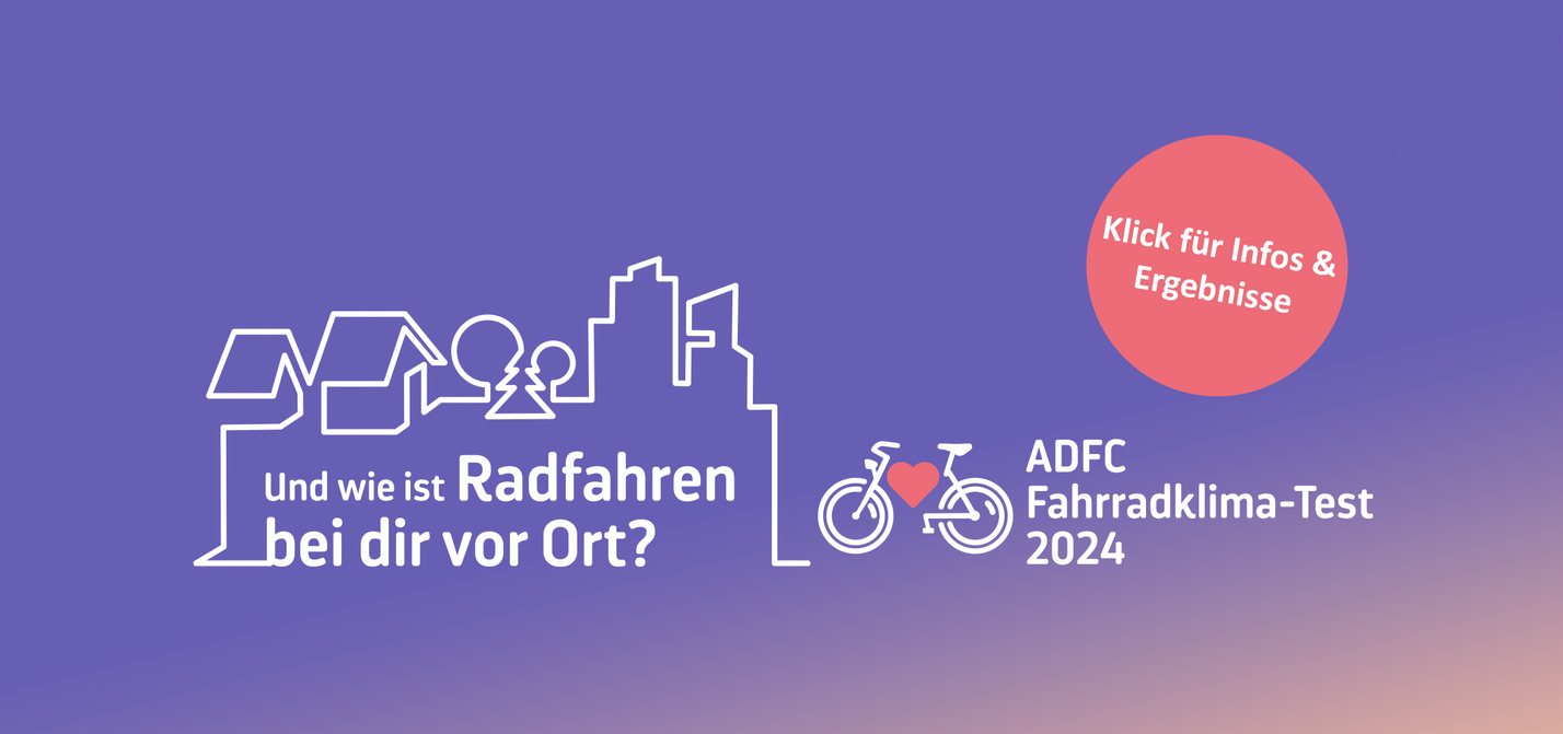 ADFC Fahrradklima-Test 2024 Ergebnisse. Violetter Hintergrund mit weißer Stadtsilhouette. Text: 'Und wie ist Radfahren bei dir vor Ort?' Roter Button 'Klick für Infos & Ergebnisse'. ADFC-Logo mit Fahrrad und Herz.